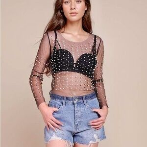 NWT Sweetkama Sheer Pearl Rhinestone Studded Mesh Crop Top Coffee Women Medium